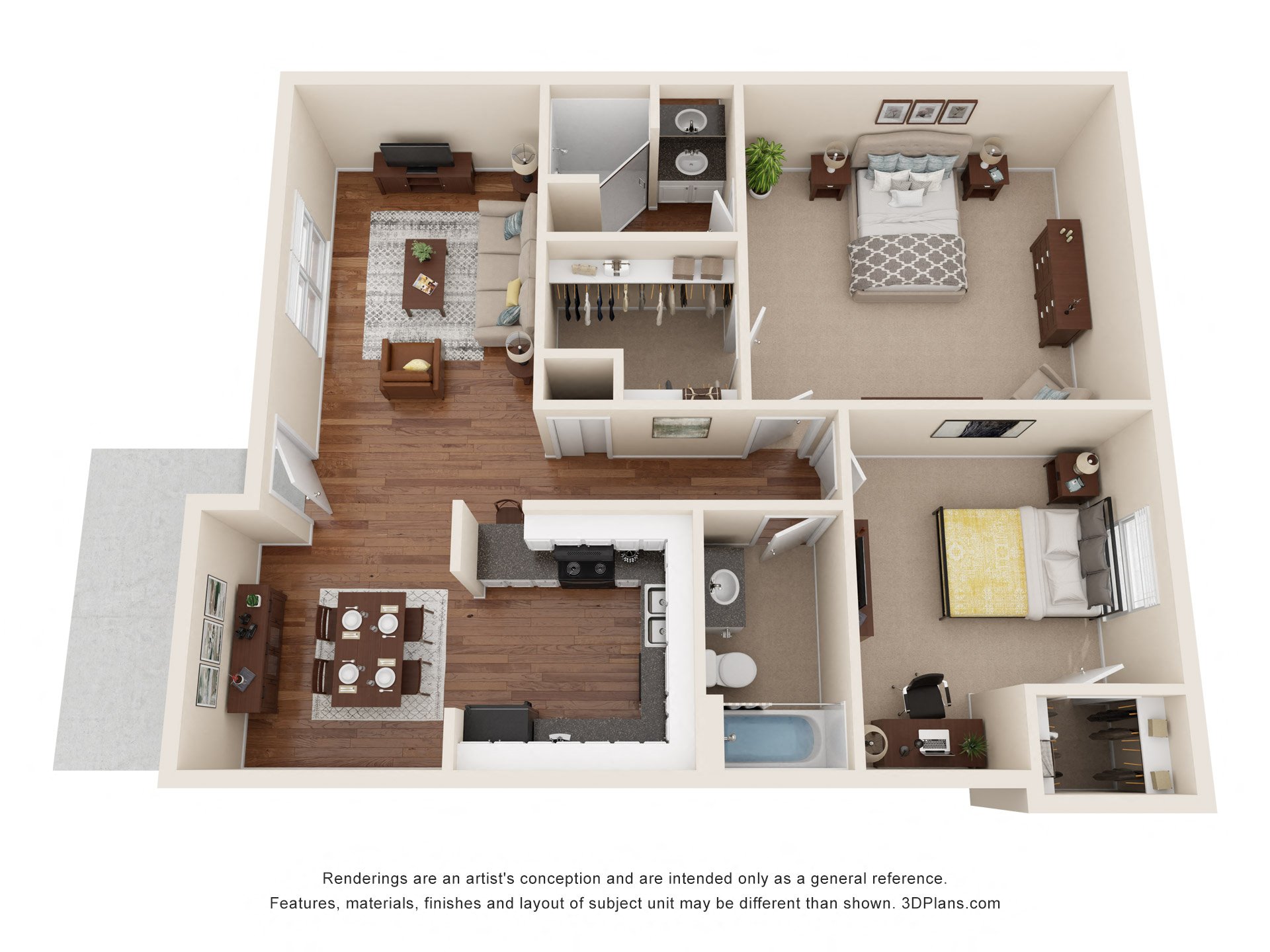 Floor plan for 2 beds, 2 baths, 900 sqft